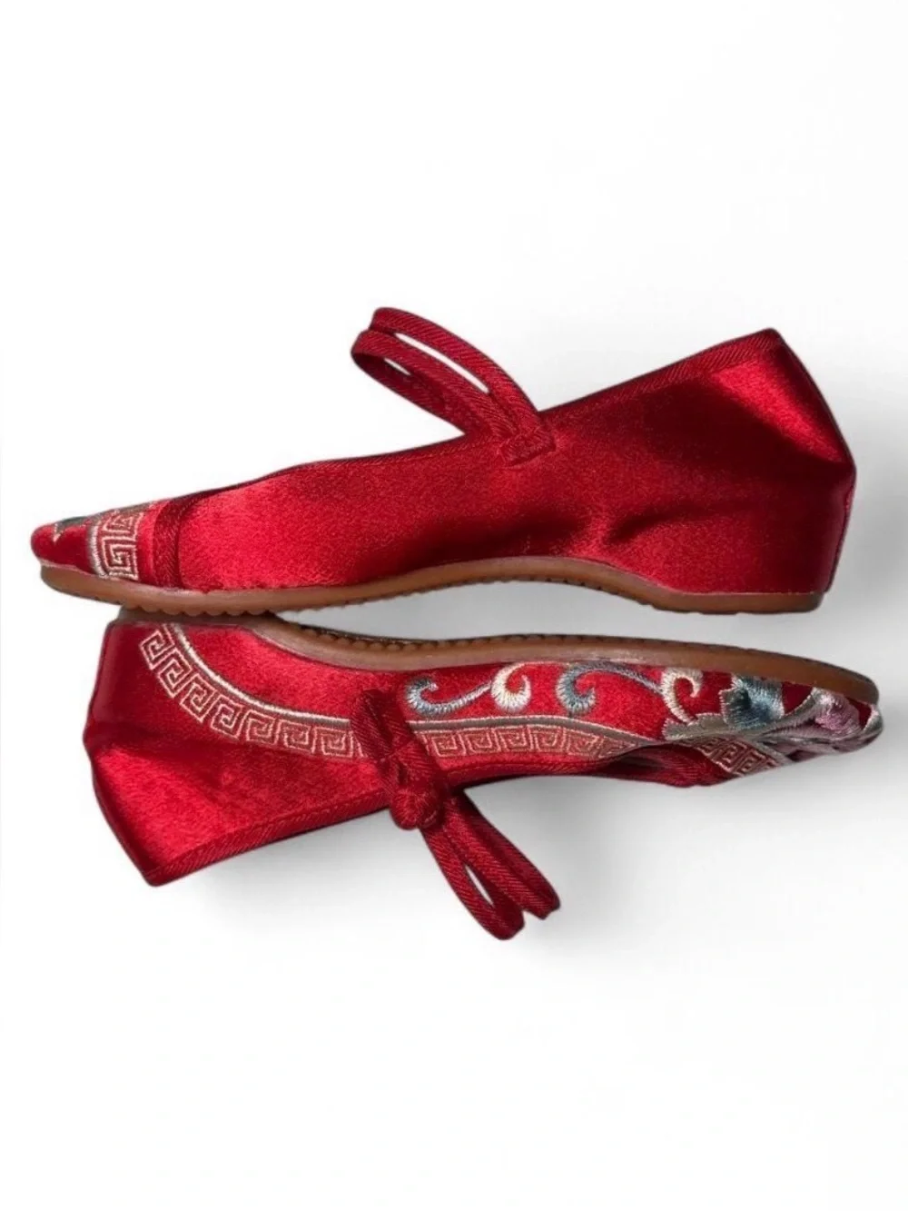Embroidered Floral Mary Jane Chinese Ballet Flats Red Satin Shoes EU 35 US 3.5